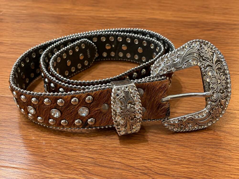 Nocona Brown Hair-on-Hide Studded Rhinestone Western Belt N3442002 size M
